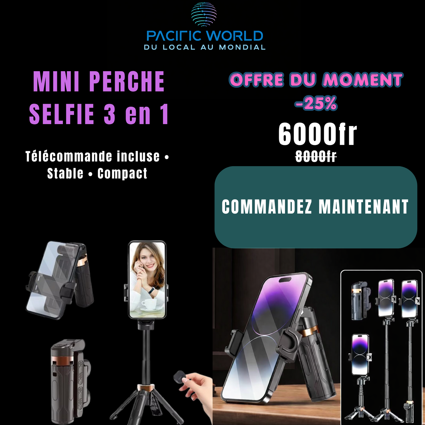 Mini perche selfie 3-en-1 avec support téléphone- Compact & Portable